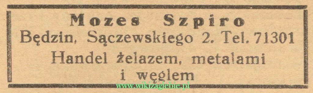 Plik:Reklama 1937 Będzin Handel Żelazem, Metalami i Węglem Mozes Szpiro 01.jpg