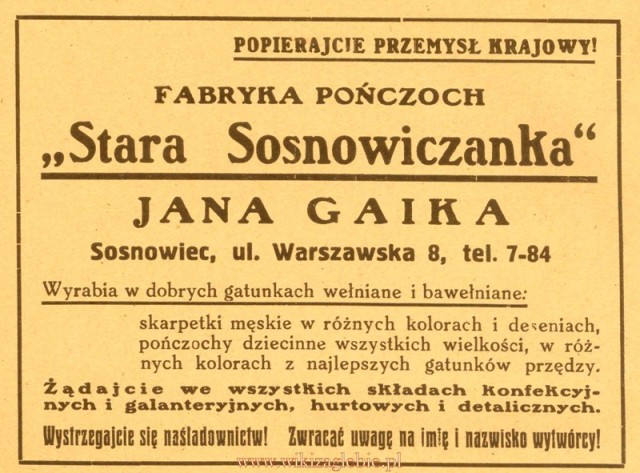 Reklama 1931 Sosnowiec Fabryka Pończoch Stara Sosnowiczanka Jan Gaik 01.jpg