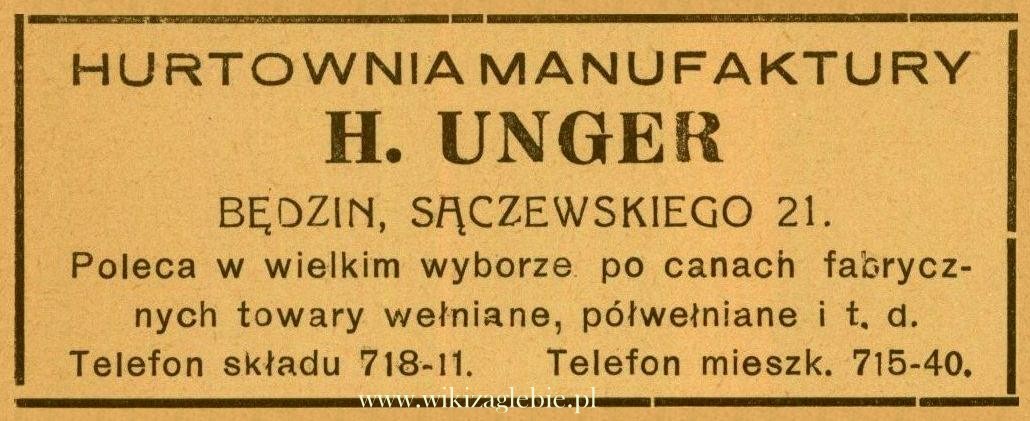 Reklama 1938 Będzin Hurtownia Manufaktury H. Unger 01.jpg