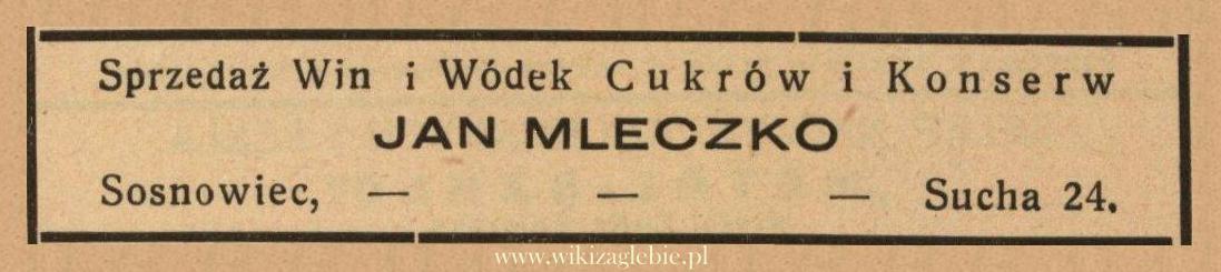 Plik:Reklama 1938 Sosnowiec Sprzedaż Win i Wódek Jan Mleczko 01.jpg