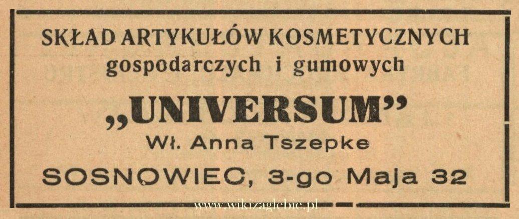 Plik:Reklama 1938 Sosnowiec Skład Artykułów Kosmetycznych Universum Anna Tszepke 01.jpg