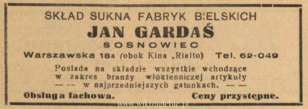 Plik:Reklama 1938 Sosnowiec Skład Sukna Fabryk Bielskich Jan Gardaś 01.jpg