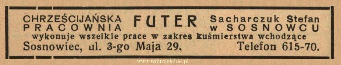 Plik:Reklama 1938 Sosnowiec Chrześcijańska Pracownia Futer Stefan Sacharczuk 01.jpg
