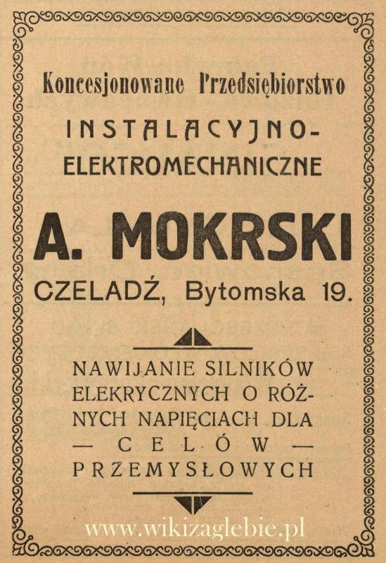 Plik:Reklama 1938 Czeladź Koncesjonowane Przedsiebiorstwo Instalacyjno-Elektromechaniczne A. Mokrski 01.jpg
