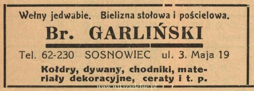 Plik:Reklama 1938 Sosnowiec Wełny Jedwabie Bielizna Br. Garliński 01.jpg