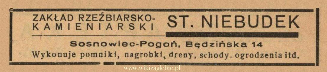 Plik:Reklama 1938 Sosnowiec Zakład Rzeźbiarsko-Kamieniarski St. Niebudek 01.jpg