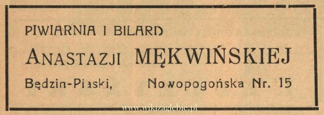 Reklama 1938 Będzin Piwiarnia i Bilard Anastazja Mękwińska 01.jpg