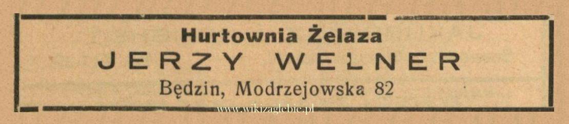 Reklama 1938 Będzin Hurtownia Żelaza Jerzy Welner 01.jpg