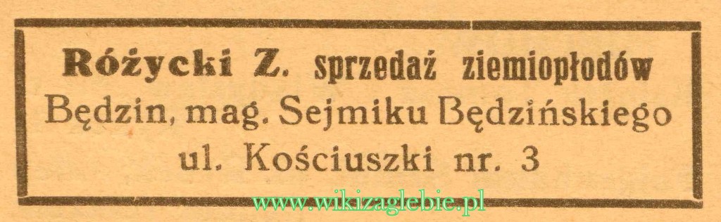 Plik:Reklama 1937 Będzin Sprzedaż Ziemiopłodów Z. Różycki 01.jpg
