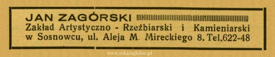 Plik:Reklama 1938 Sosnowiec Zakład Artystyczno-Rzeźbiarski i Kamieniarski Jan Zagórski 01.jpg