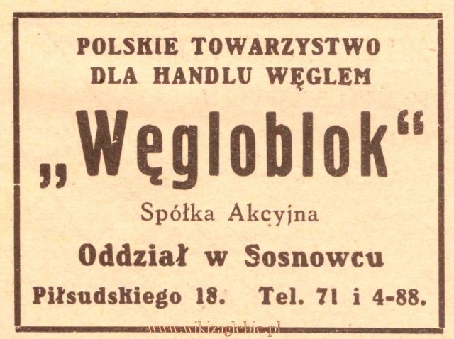 Reklama 1931 Sosnowiec Węgloblok SA Oddział Sosnowiec 01.jpg