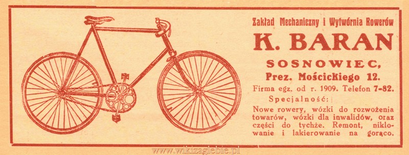Reklama 1931 Sosnowiec Zakład Techniczny i Wytwórnia Rowerów K. Baran 01.jpg