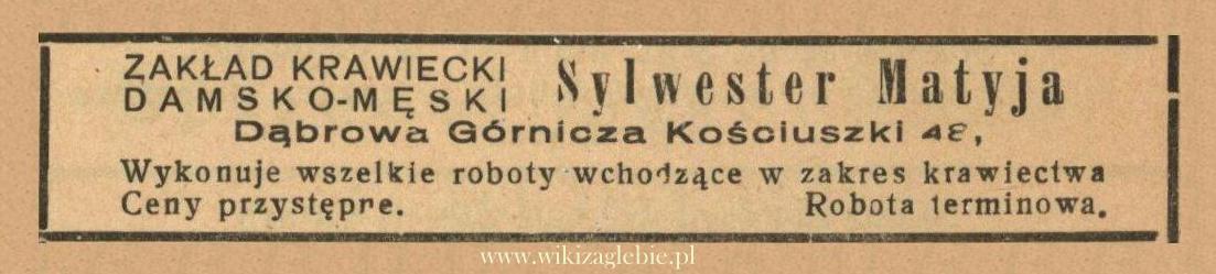 Plik:Reklama 1938 Dąbrowa Górnicza Zakład Krawiecki Sylwester Matyja 01.jpg