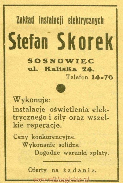 Reklama 1931 Sosnowiec Zakład Instalacji Elektrycznych Stefan Skorek 01.jpg