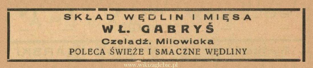 Reklama 1938 Czeladź Skład Wędlin i Mięsa Wł. Gabryś 01.jpg