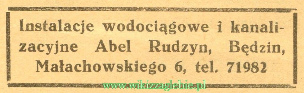 Plik:Reklama 1937 Będzin Instalacje Wodociagowe i Kanalizacyjne Abel Rudzyn 01.jpg