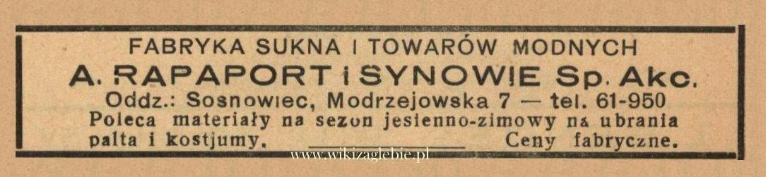 Reklama 1938 Sosnowiec Fabryka Sukna i Towarów Modnych A. Rapaport i Synowie 01.jpg