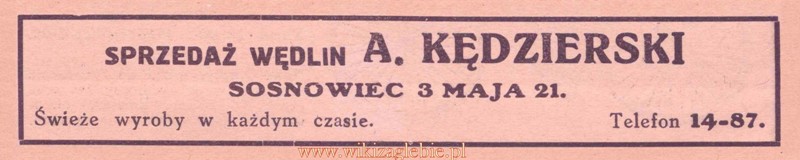 Reklama 1931 Sosnowiec Sprzedaż Wędlin A. Kędzierski 01.jpg